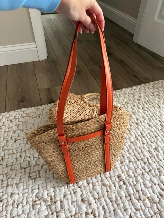 Zara Straw Tote with Bright Orange Trim and Handles - Picture 14 of 16